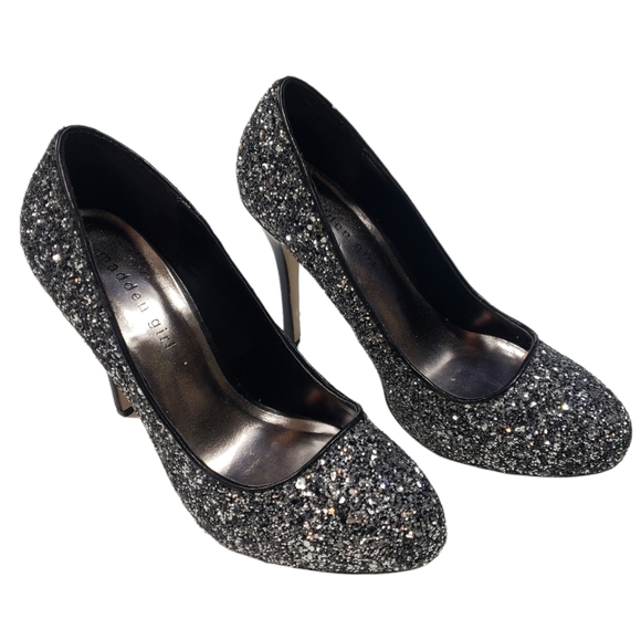 Madden Girl Black Silver Sequin Glitter Platform Heels Sz 9 Evening Party Gothic - Picture 1 of 13